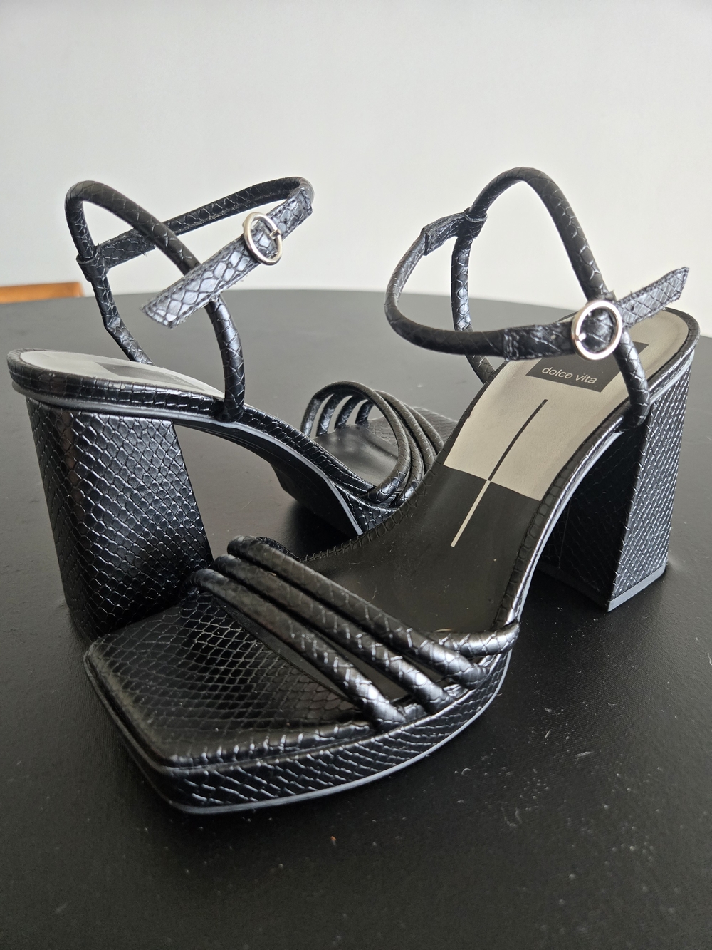 ​Dolce Vita Black Python Embossed Strappy Block Heel Sandals Size 7